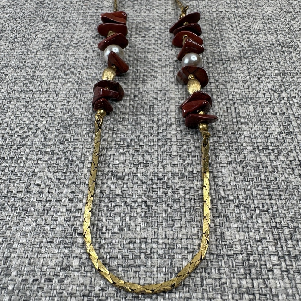 Miriam Haskell Gold Tone Red Jasper Faux Pearl Beaded Necklace 22 Inch Vintage